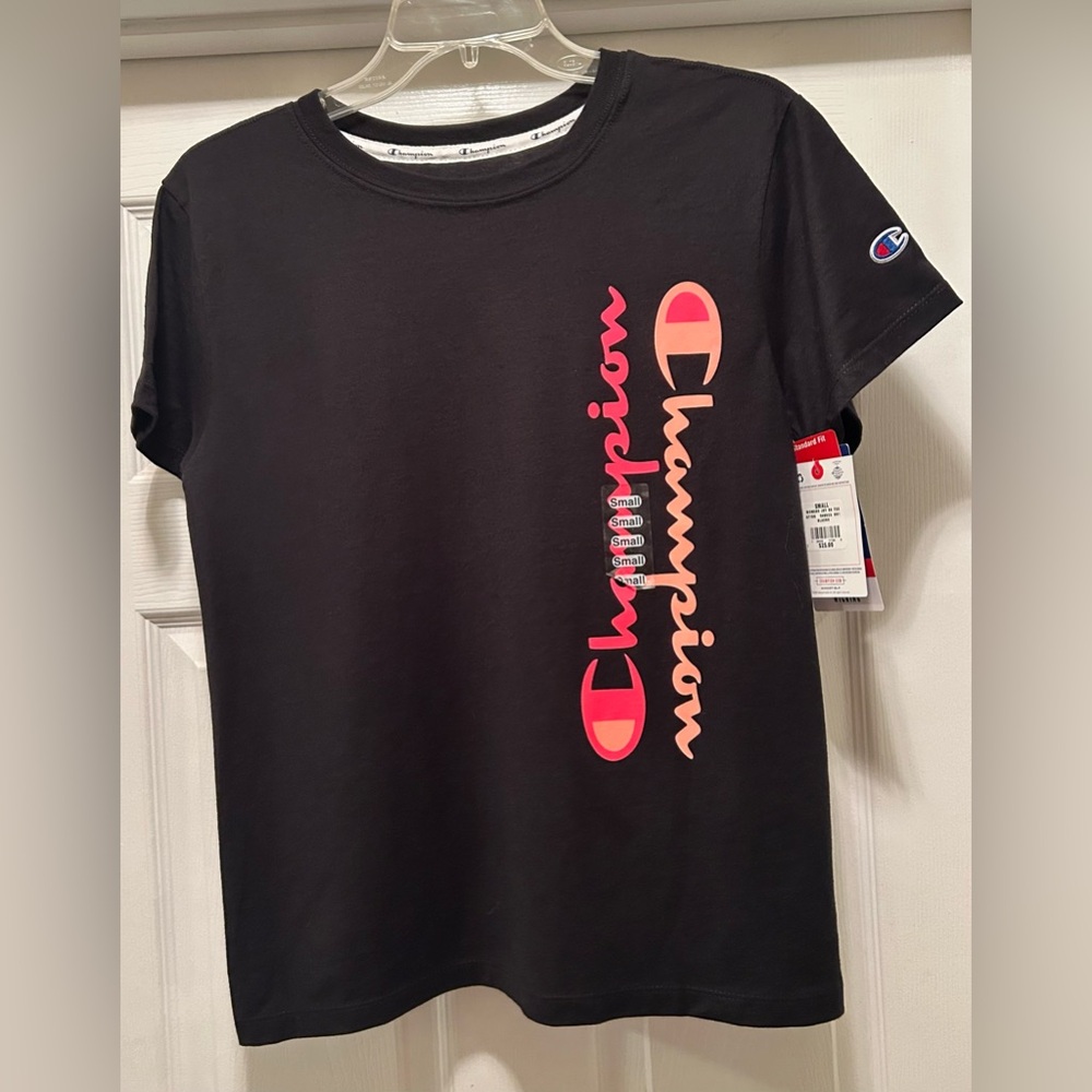 Champion Tee with Vertical Pink Logo